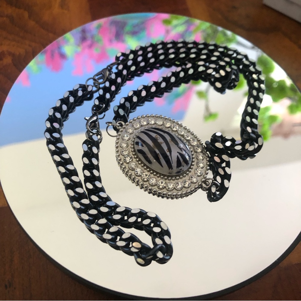 Hand crafted repurpose animal print gold flake cabochon chain link necklace